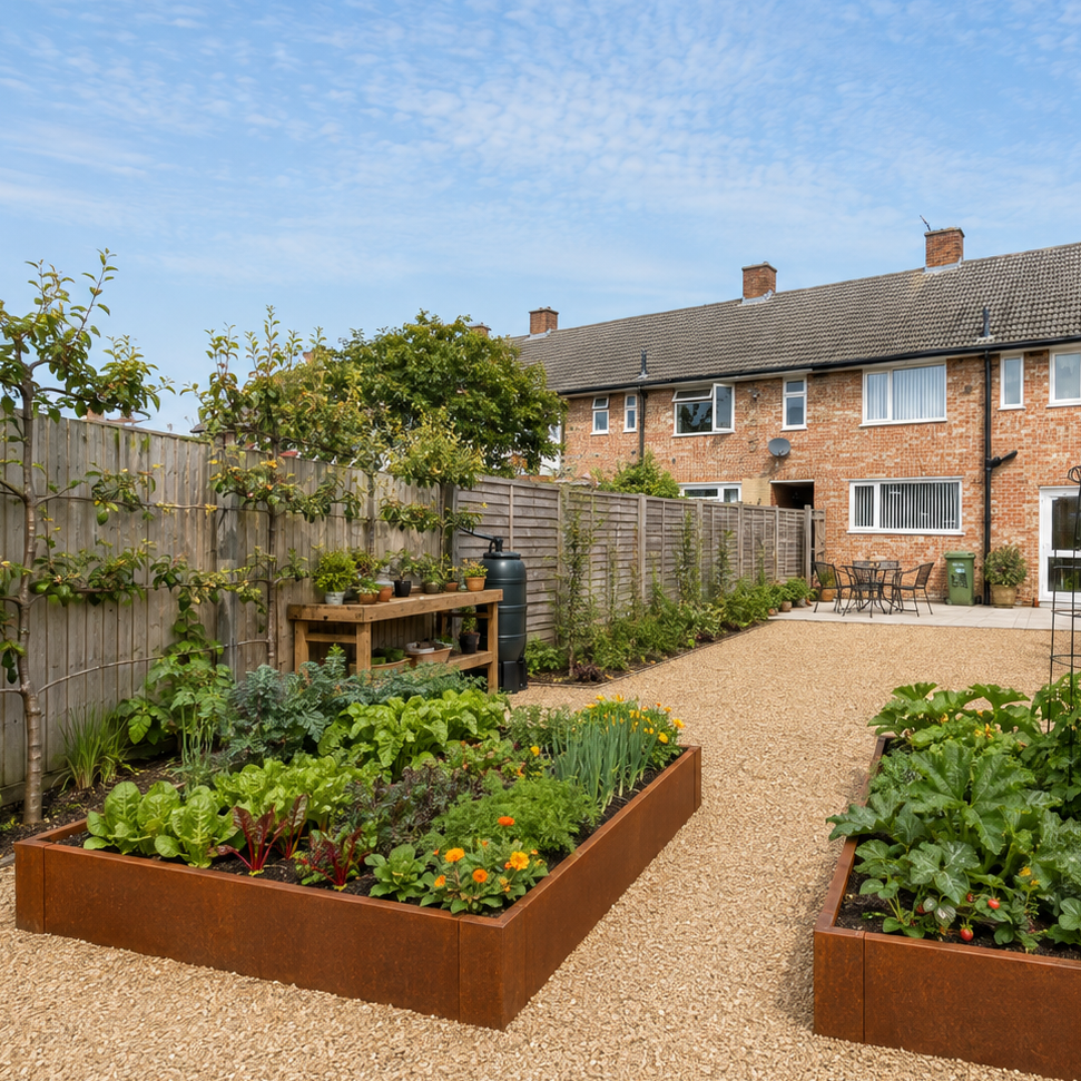 A landscaped backyard garden with two raised brown metal beds filled with leafy green plants, a gravel path, wooden fencing, and brick houses under a blue sky.