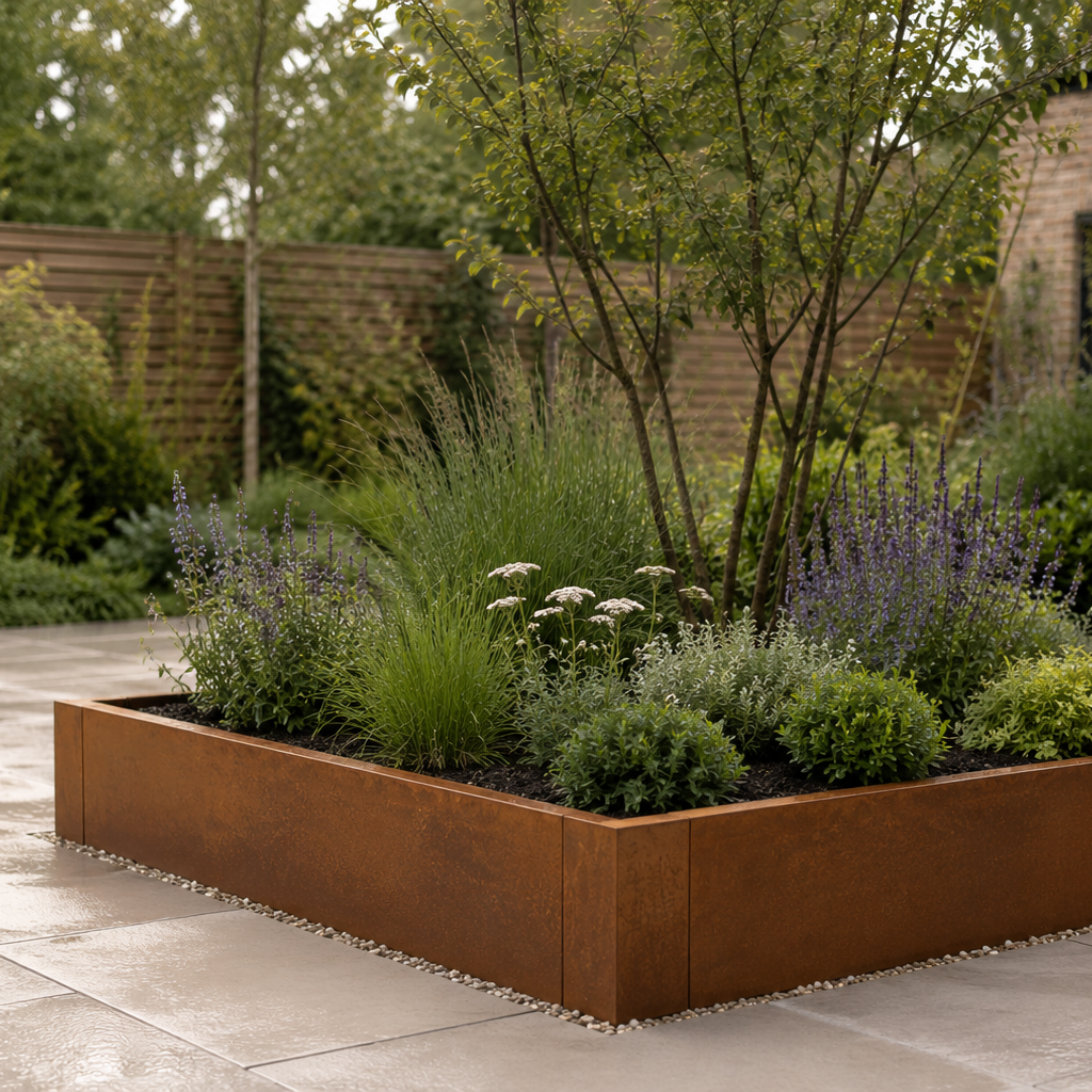 A rectangular raised garden bed made of rusted corrugated metal, filled with various green plants and shrubs, situated on a stone patio in a modern backyard setting.