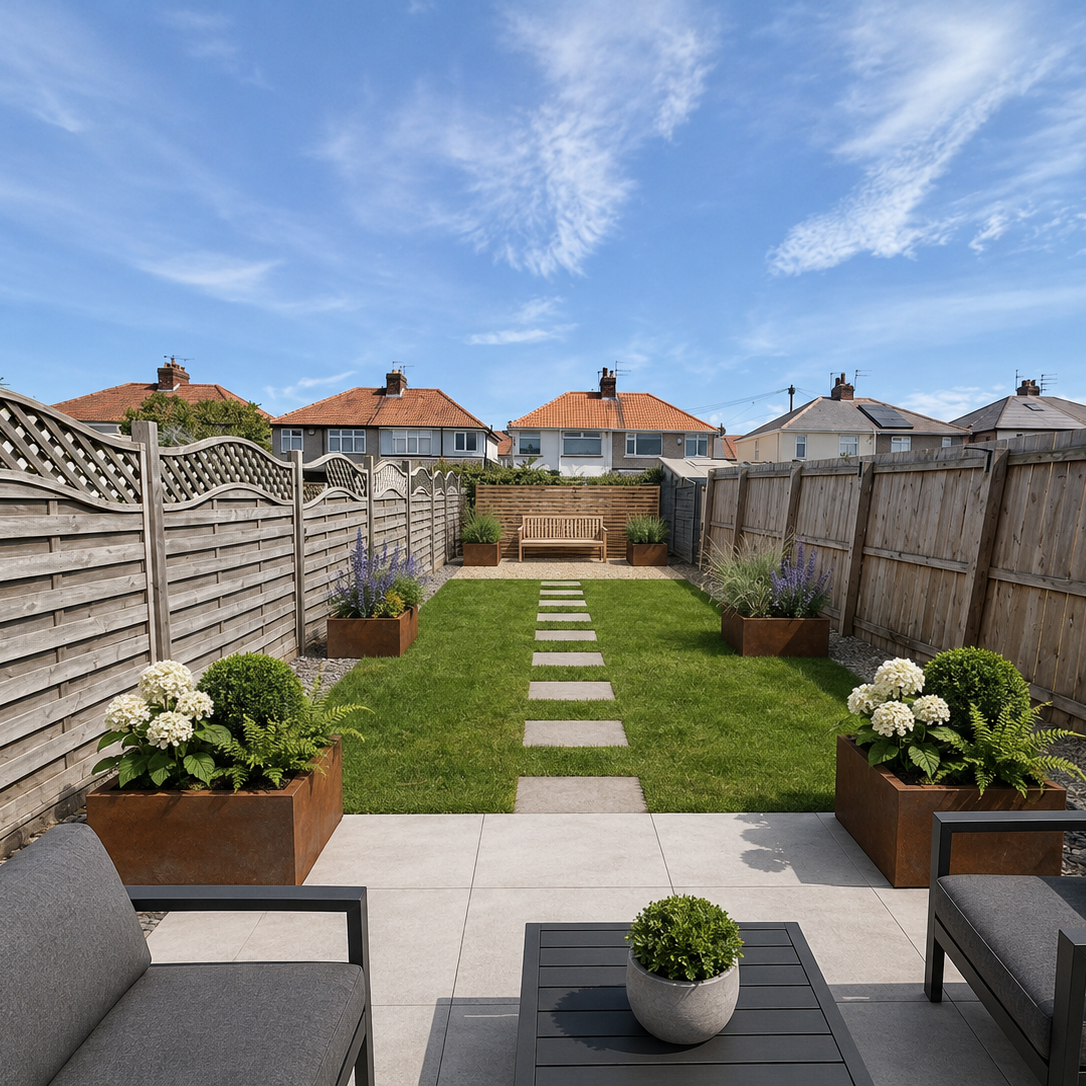 A landscaped backyard patio with two gray outdoor armchairs, a dark gray coffee table, and a central stone path leading to a garden bench. The yard features a green lawn, large rectangular planter boxes with white flowers, and tall wooden privacy fences under a blue sky.