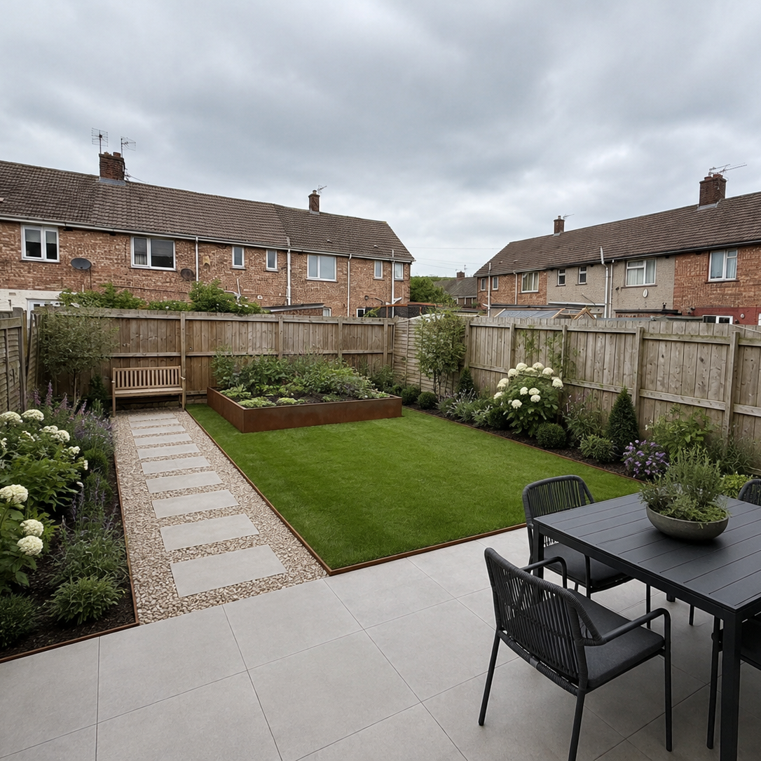Linnear and groundline Corten steel edging. in a modern graden design