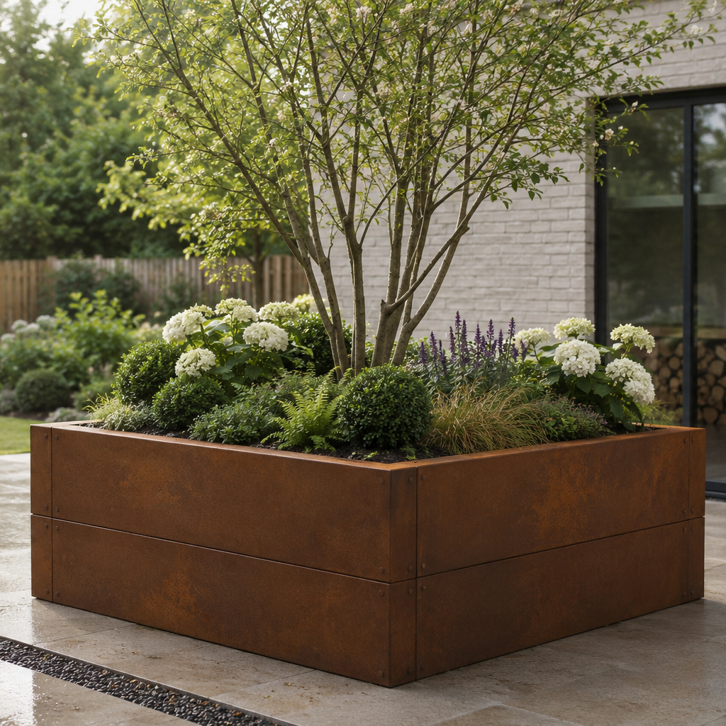 Linnear Modular Corten Planter in garden