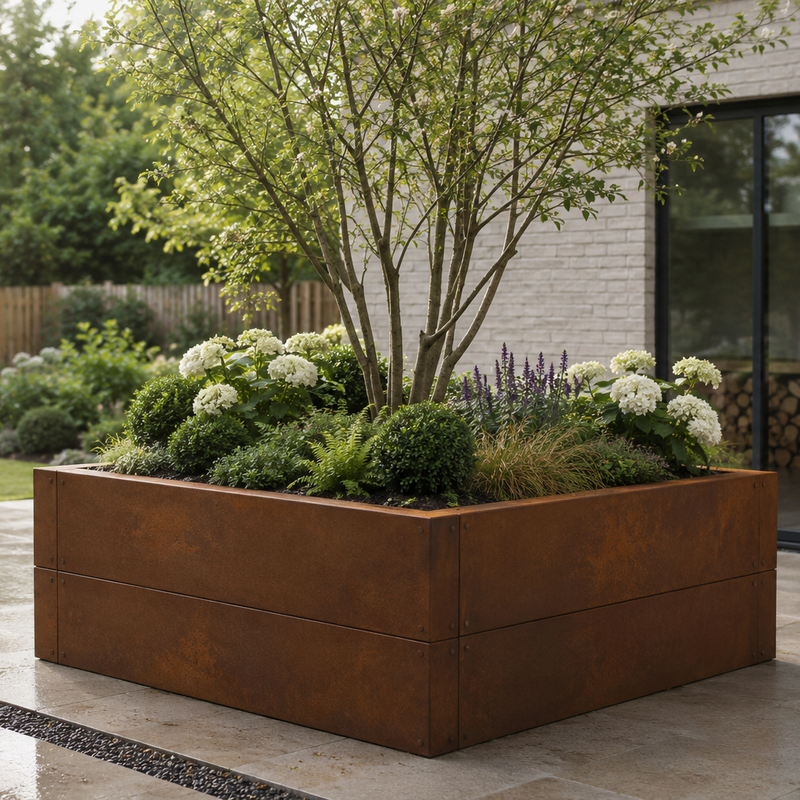 Linnear Modular Corten Planter in garden