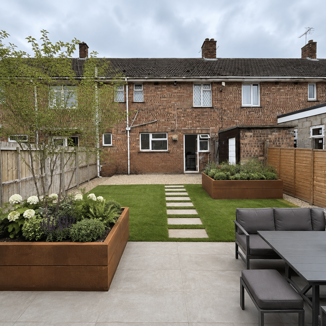 Linnear Modualr Corten planters in modern garden, Steel beds