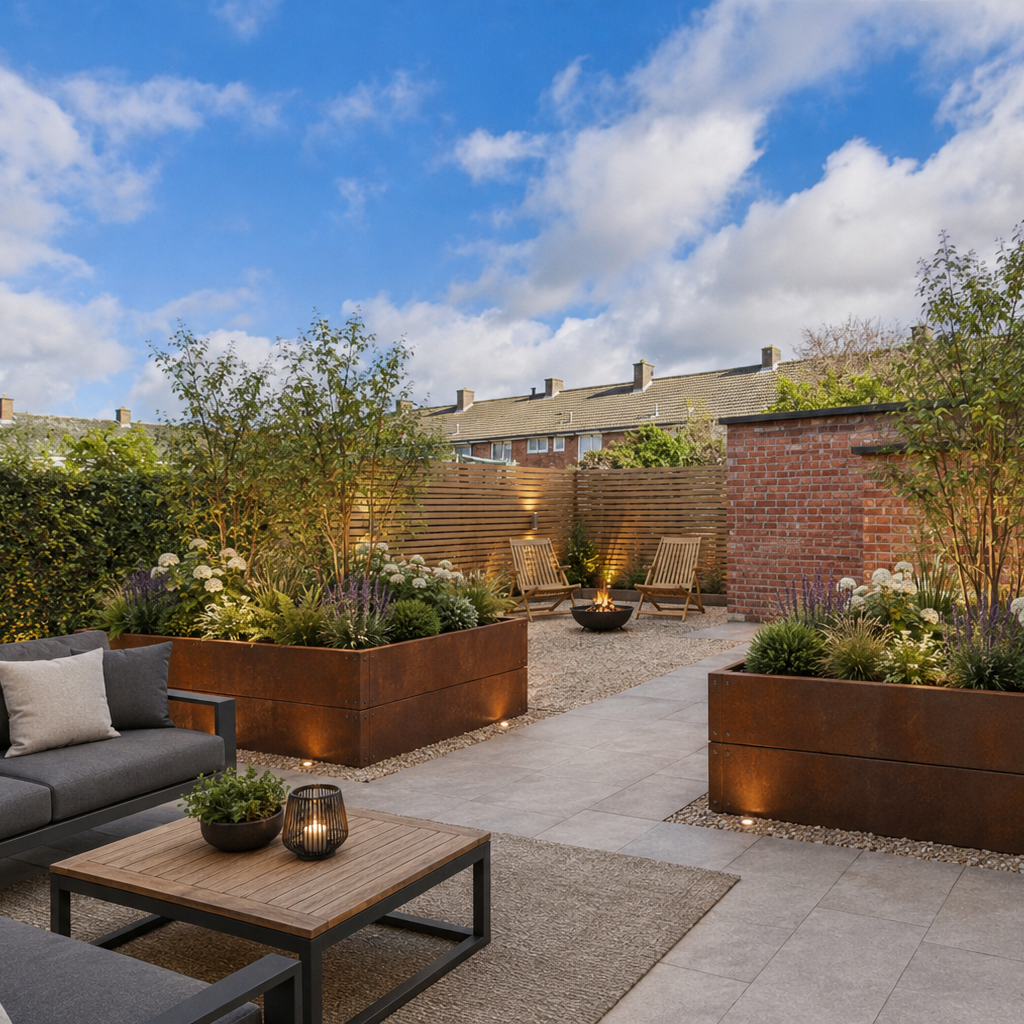 Corten steel garden planters with uplighting 