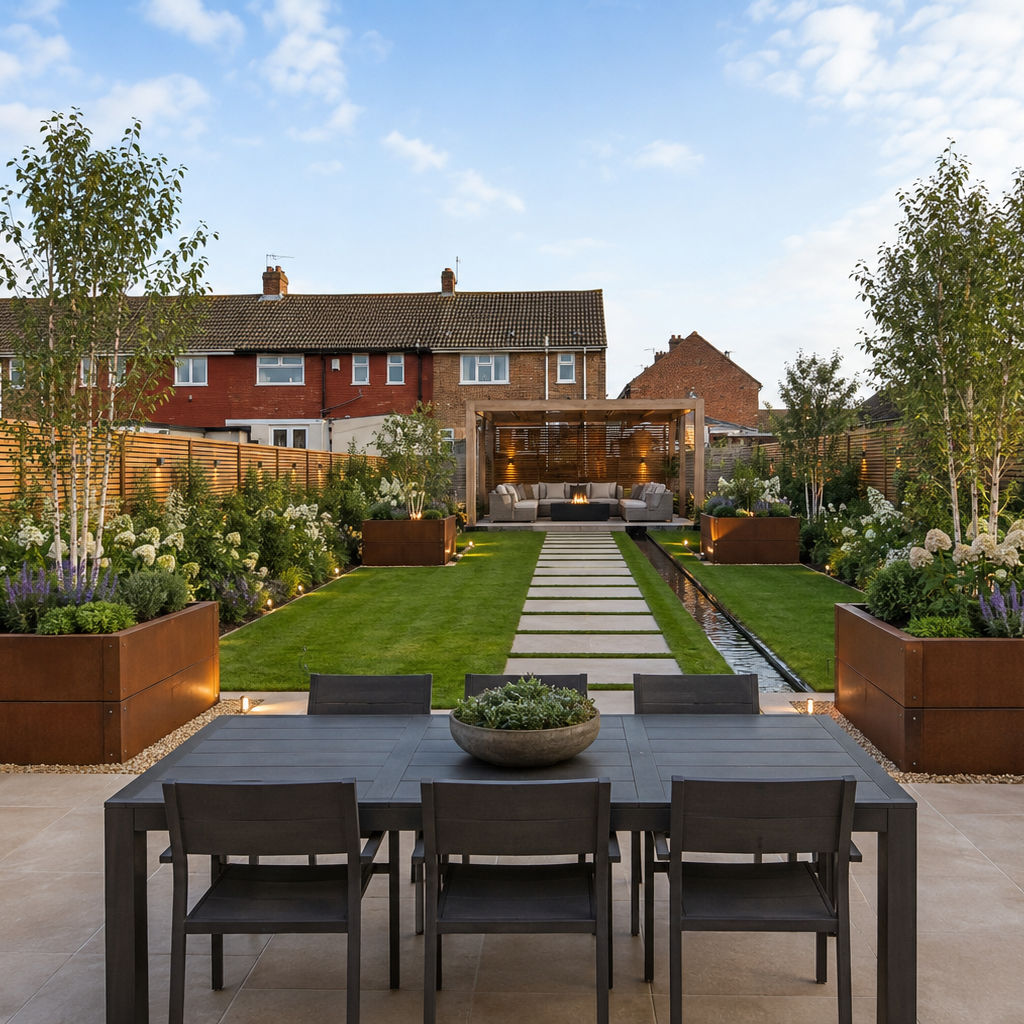 A modern backyard garden patio setup with a dark gray outdoor dining table and six chairs in the foreground. The patio is paved with light beige tiles and leads to a green lawn with a stone path, flanked by large rectangular rust-brown planter boxes with plants and trees.