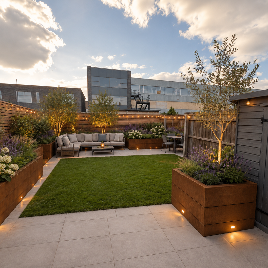 Corten planters with lighting details in garden