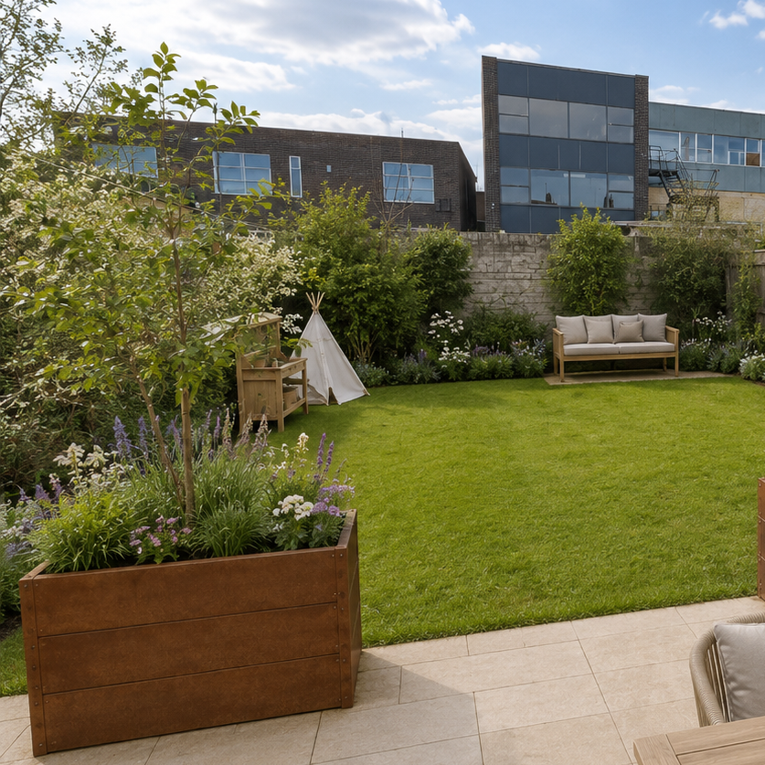 A landscaped backyard patio with a green lawn, wooden planter boxes, outdoor dining furniture in the foreground, a wooden shed, and modern buildings in the background under a blue sky.