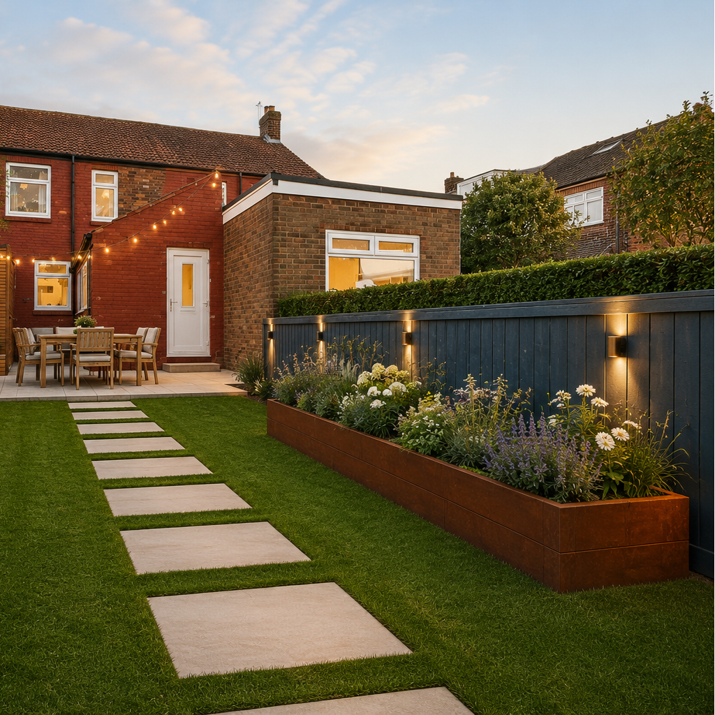A beautifully landscaped backyard garden with a green lawn, stone stepping path, raised wooden planter beds with flowers, a brick house in the background, and outdoor string lights.