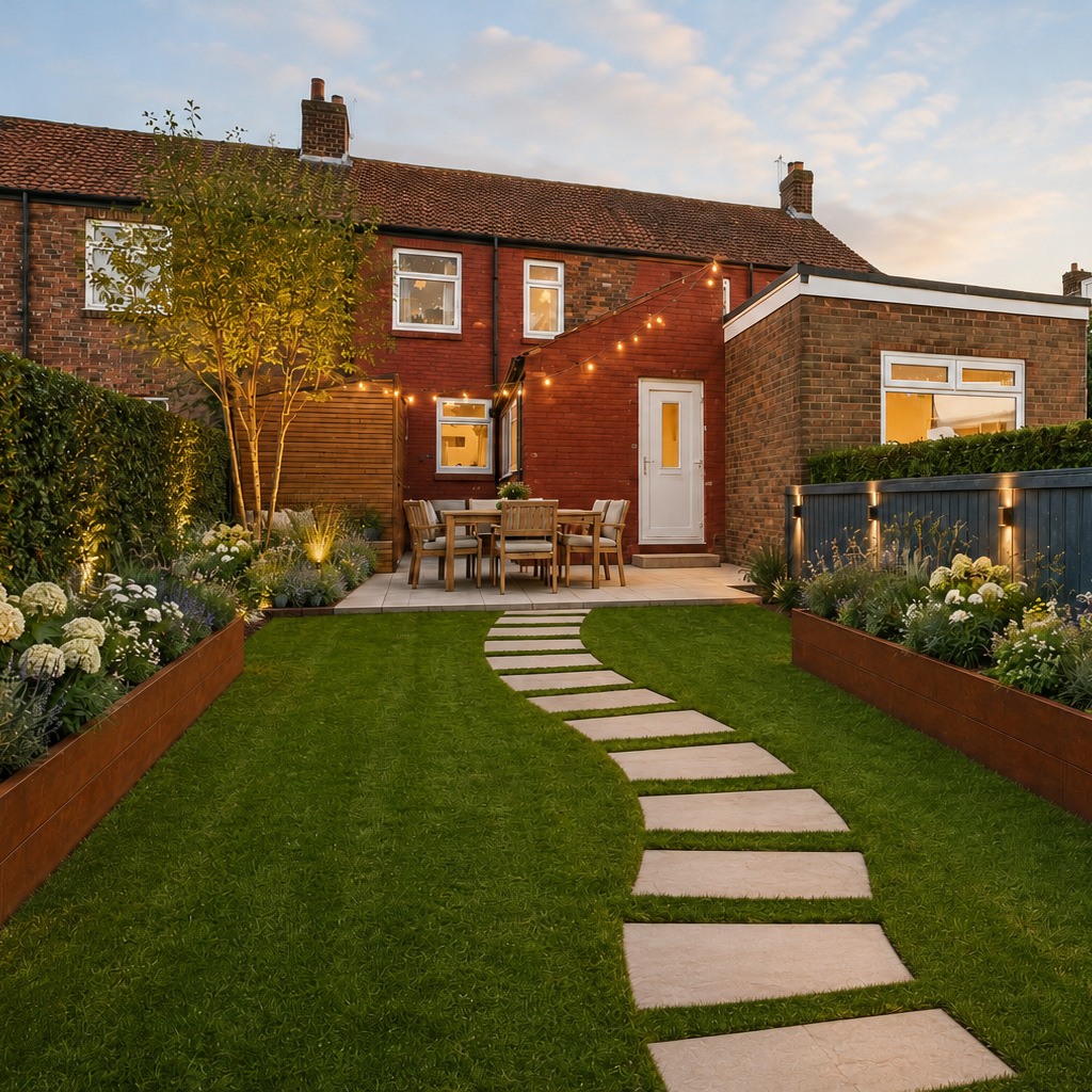 A beautifully landscaped backyard garden with a curved stone path leading to a patio area, featuring a green lawn, raised wooden planter beds with flowers, a brick house in the background, and a dark gray fence on the right.