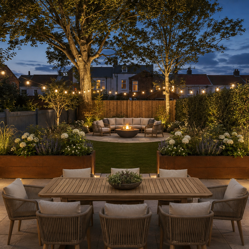 A beautifully styled outdoor patio at dusk featuring a wooden dining table and chairs, a round fire pit with a lounge set in the background, a small green lawn, and lush garden planters under warm string lights.
