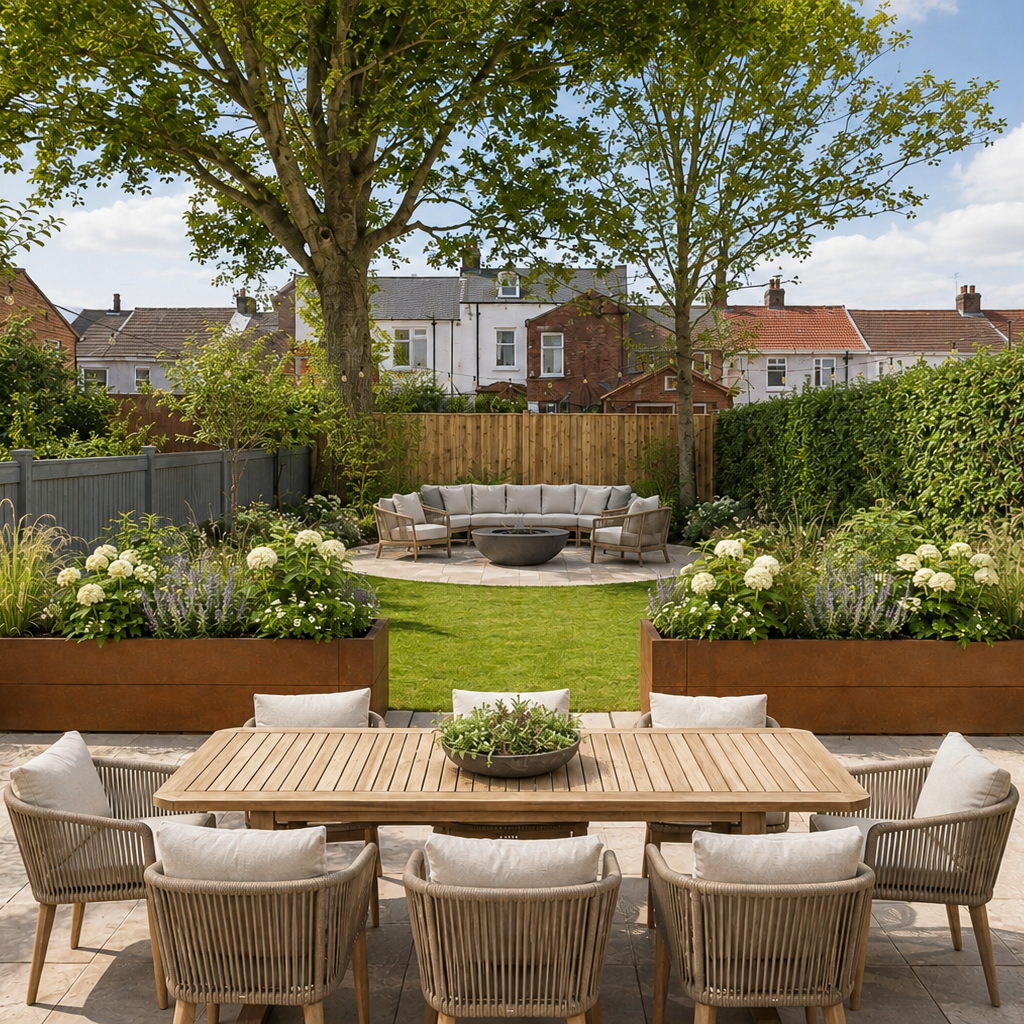 A beautifully styled backyard patio featuring a rectangular wooden dining table with six woven wicker chairs, set against a backdrop of a green lawn, a modern curved outdoor sofa, and lush garden beds with white flowers.