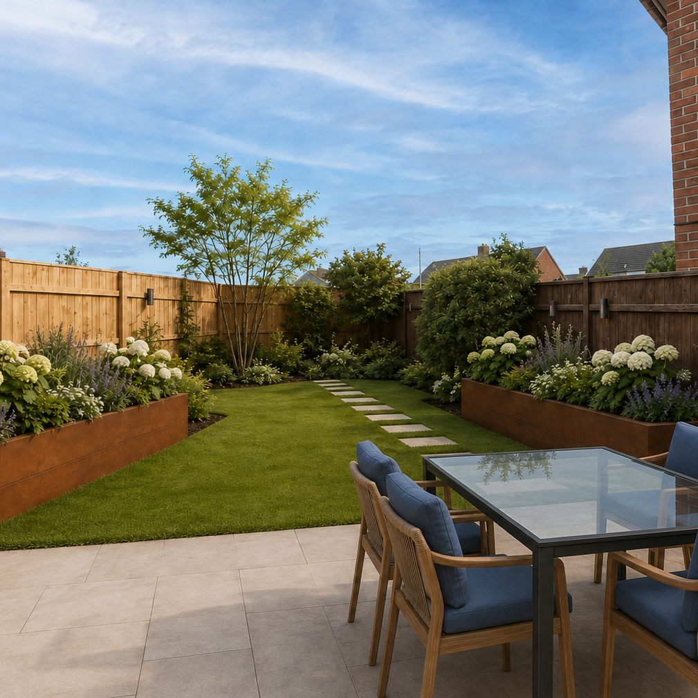 A landscaped backyard patio with a rectangular glass dining table and four wooden chairs with blue cushions, set on a light stone paver surface. The patio is bordered by a green lawn, raised wooden planter beds with white flowers, a tall wooden fence, and a brick building wall under a blue sky.