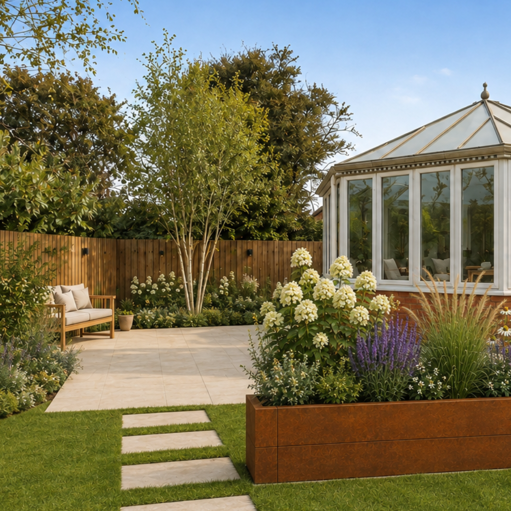 A landscaped backyard garden with a white glass conservatory, wooden fence, green lawn, flowerbeds, and a stone path under a blue sky.