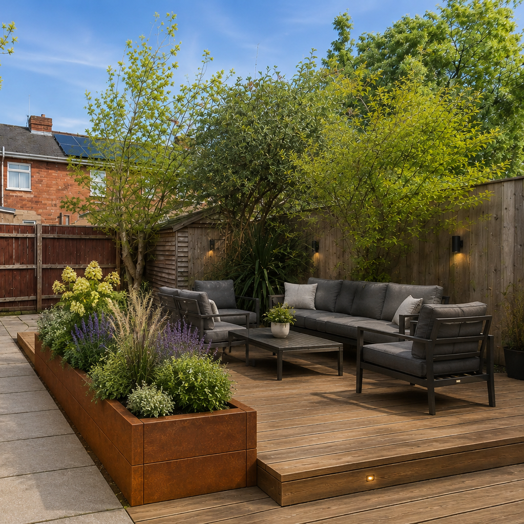 A modern backyard patio scene with a wooden deck, outdoor seating set, raised garden beds, a stone walkway, and lush greenery under a blue sky.