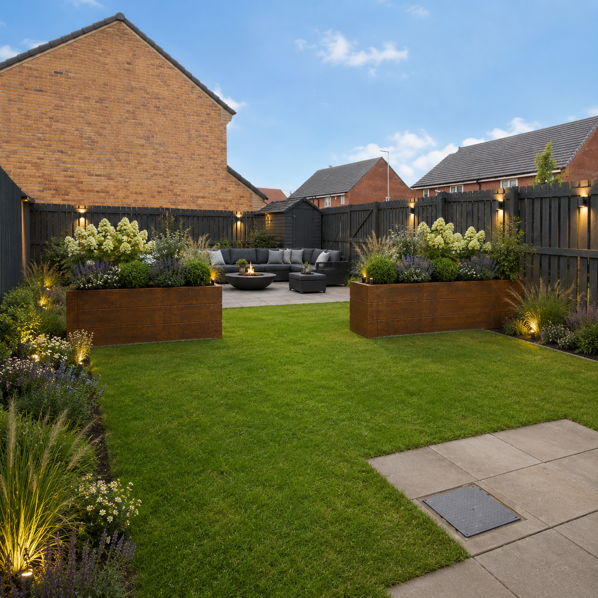 A modern backyard garden scene with a green lawn, two large wooden planter boxes with flowering shrubs, a patio seating area with a dark sofa, a dark fence, and neighboring houses under a blue sky.