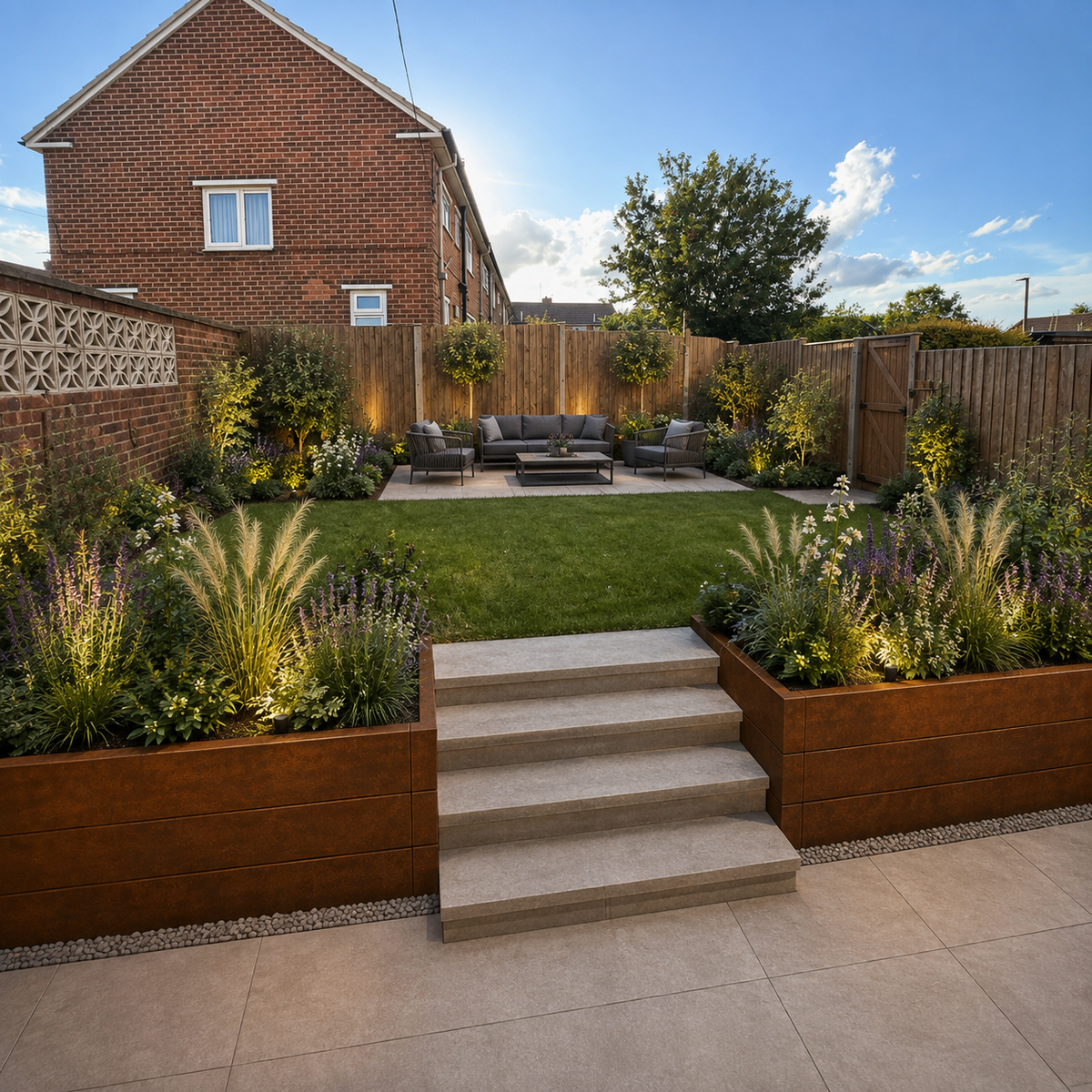 A modern landscaped backyard patio and garden featuring a stone staircase, large rust-colored planter boxes, a green lawn, outdoor seating, and a brick house in the background under a blue sky.