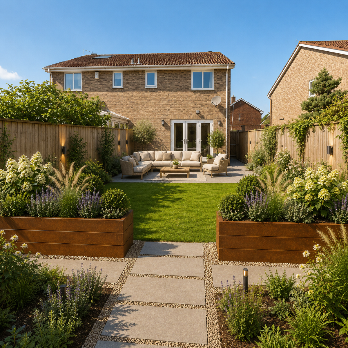 A beautifully landscaped backyard garden with a modern brick house in the background, featuring a green lawn, outdoor seating area, and two large wooden raised garden beds filled with lush plants and flowers in the foreground.