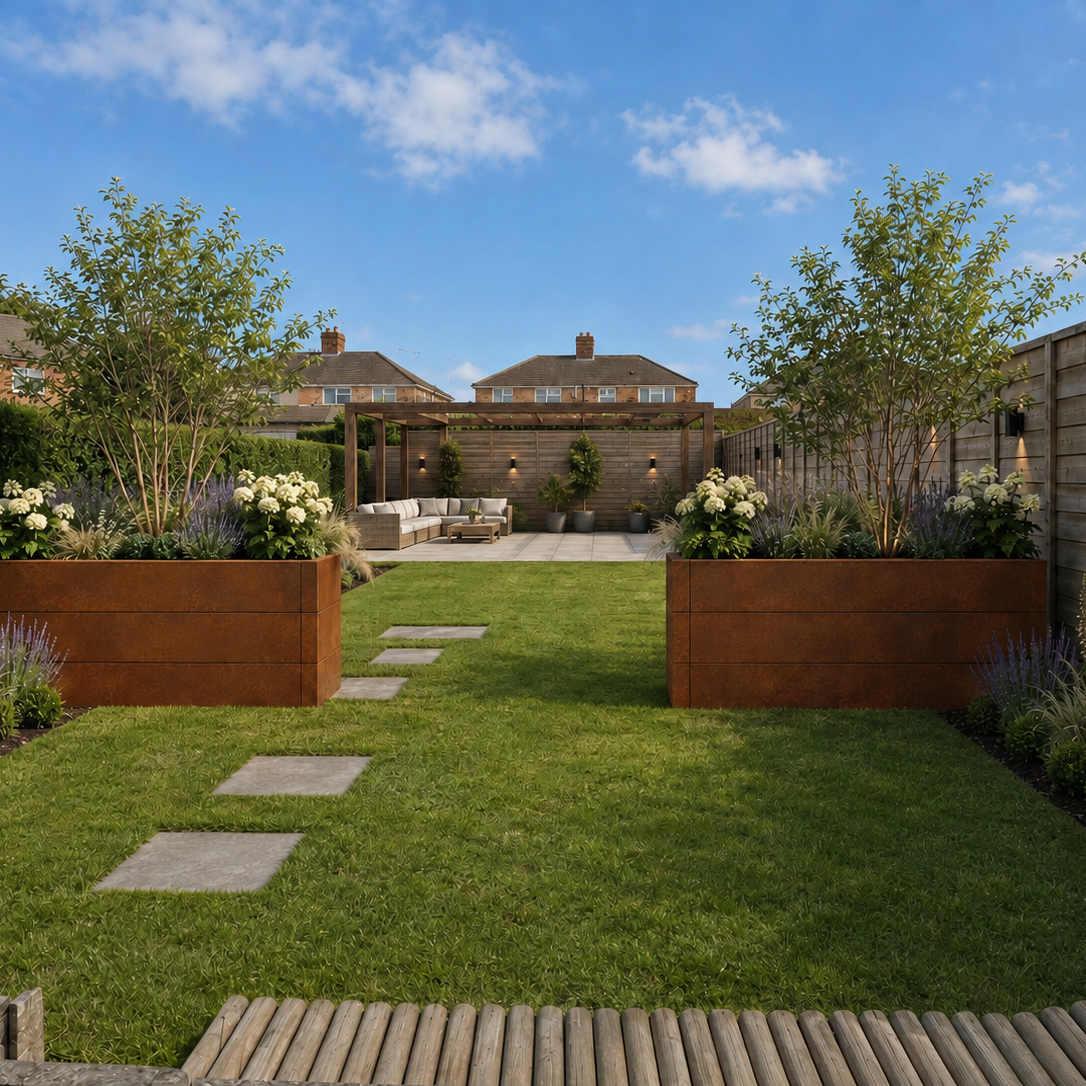 Corten steel planters, garden with pergola and seating are with planting beds.