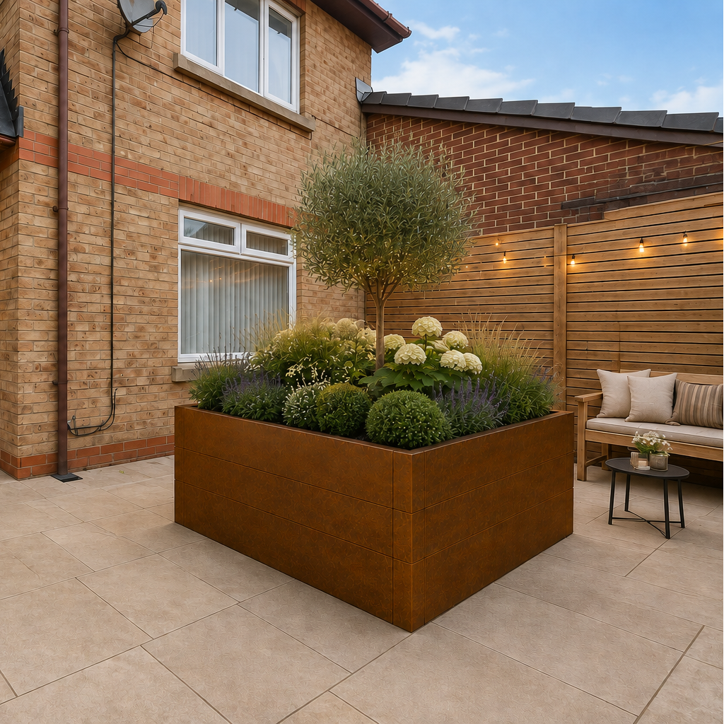 A modern brick patio with a large rectangular rusted-brown metal planter box filled with green shrubs and white flowers, set in front of a brick house with a blue door and outdoor seating.
