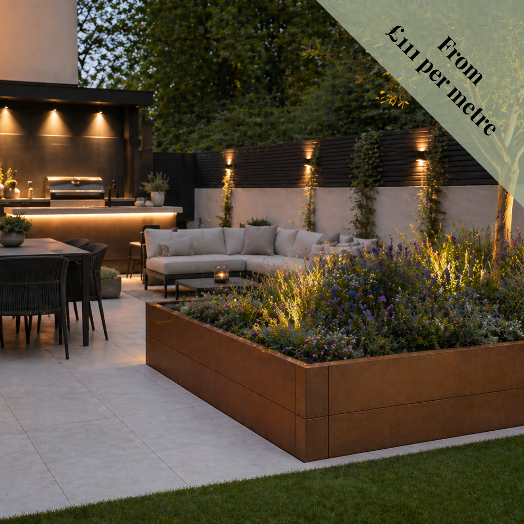 Linnear Modular Edge GEO. Modular edge, retaining wall, garden border & edge, Corten steel, weathering steel planter tub. Create Square, Rectangular planters or use as a retaining wall to create borders, dividers or zoned areas. Great for adding a patio display or section a seating area.