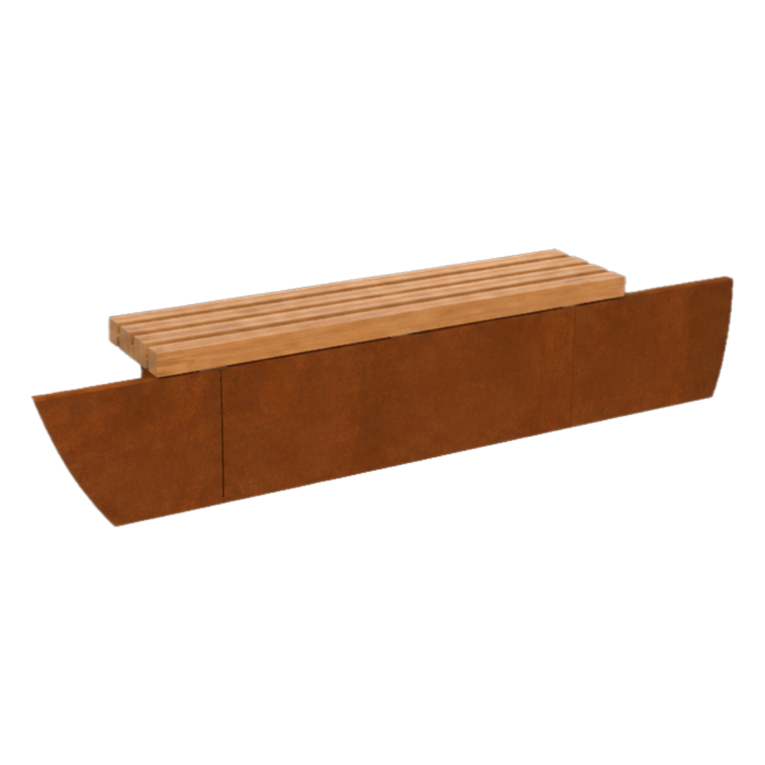 Modal integrated Bench GEO shown integrated in the Contour planter edge. This creates a seating area with in the planter. Corten Steel Garden Edging, creating boundary between soil, planting and gravel path. Lawn edge, garden border, flower beds, raised edging & planters. Metal, weathering steel, or powder coated steel with Douglas fir timber.  Garden walkway, path and paving edging, zoned seating area and boundaries.