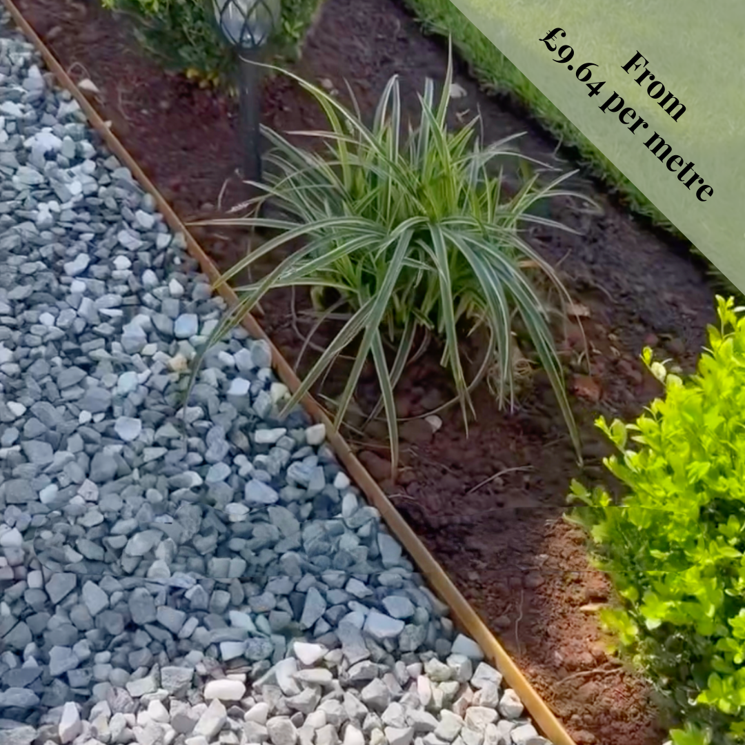 50mm High Corten Steel Garden Edging, creating boundary between soil, planting and gravel. Lawn edge, garden border, flower beds, raised edging. Metal, weathering steel, mild steel or powder coated steel.  