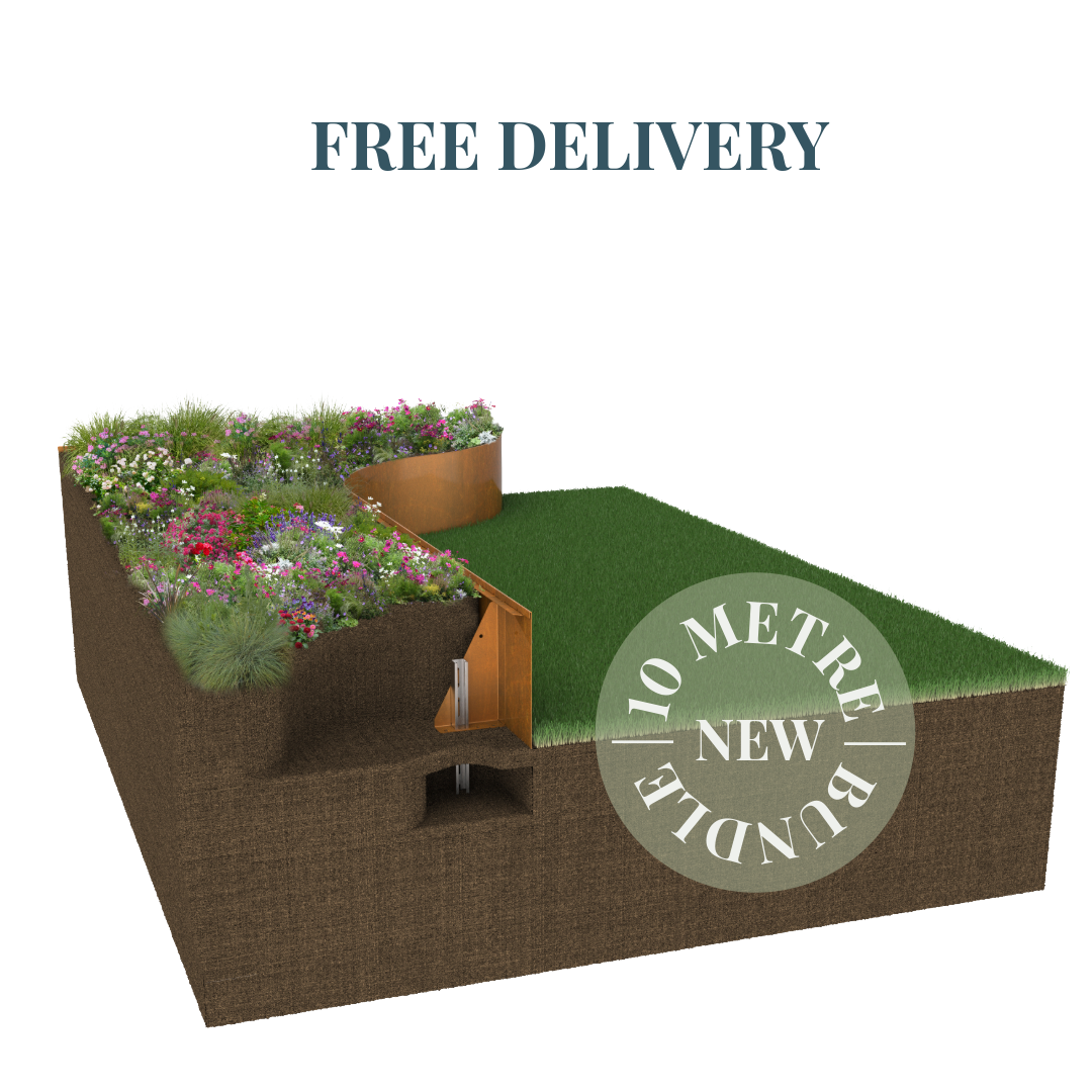 Raised Bed System - Contour 500mm (10 Metre Bundle) High Corten Steel Garden Edging, creating boundary between soil, planting and gravel path. Lawn edge, garden border, flower beds, driveway raised edging. Metal, weathering steel, or powder coated steel.  Garden walkway, path and paving. Planter edge and retaining wall. Patio edge and garden walls. GardenEdgingOnline.com