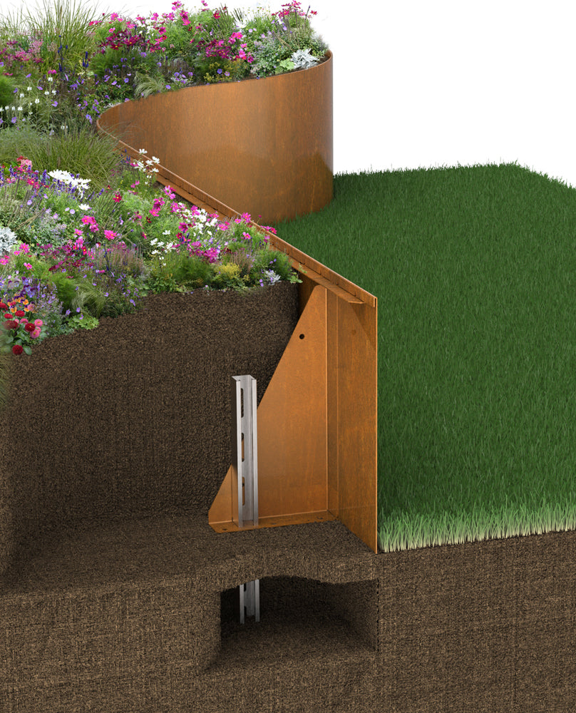 Contour rasied bed cross seciton, how it works - Planter Edge height 500mm - Garden edging online High Corten Steel Garden Edging, creating boundary between soil, planting and gravel path. Lawn edge, garden border, flower beds, driveway raised edging. Metal, weathering steel, or powder coated steel.  Garden walkway, path and paving. Planter edge and retaining wall. Patio edge and garden walls.