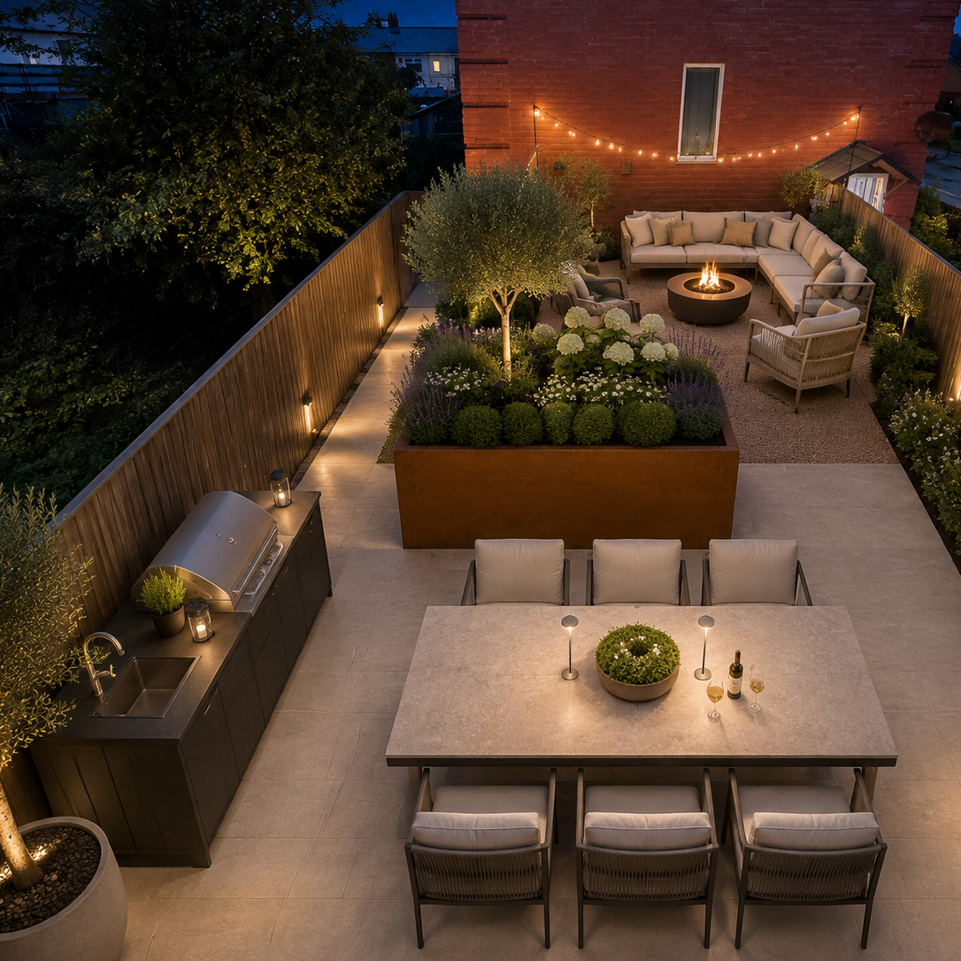 A beautifully designed outdoor rooftop patio at night, featuring a dining table with six chairs, a large rectangular planter box with shrubs and a small tree, a built-in grill station, a curved lounge sofa with a fire pit, and warm string lights.