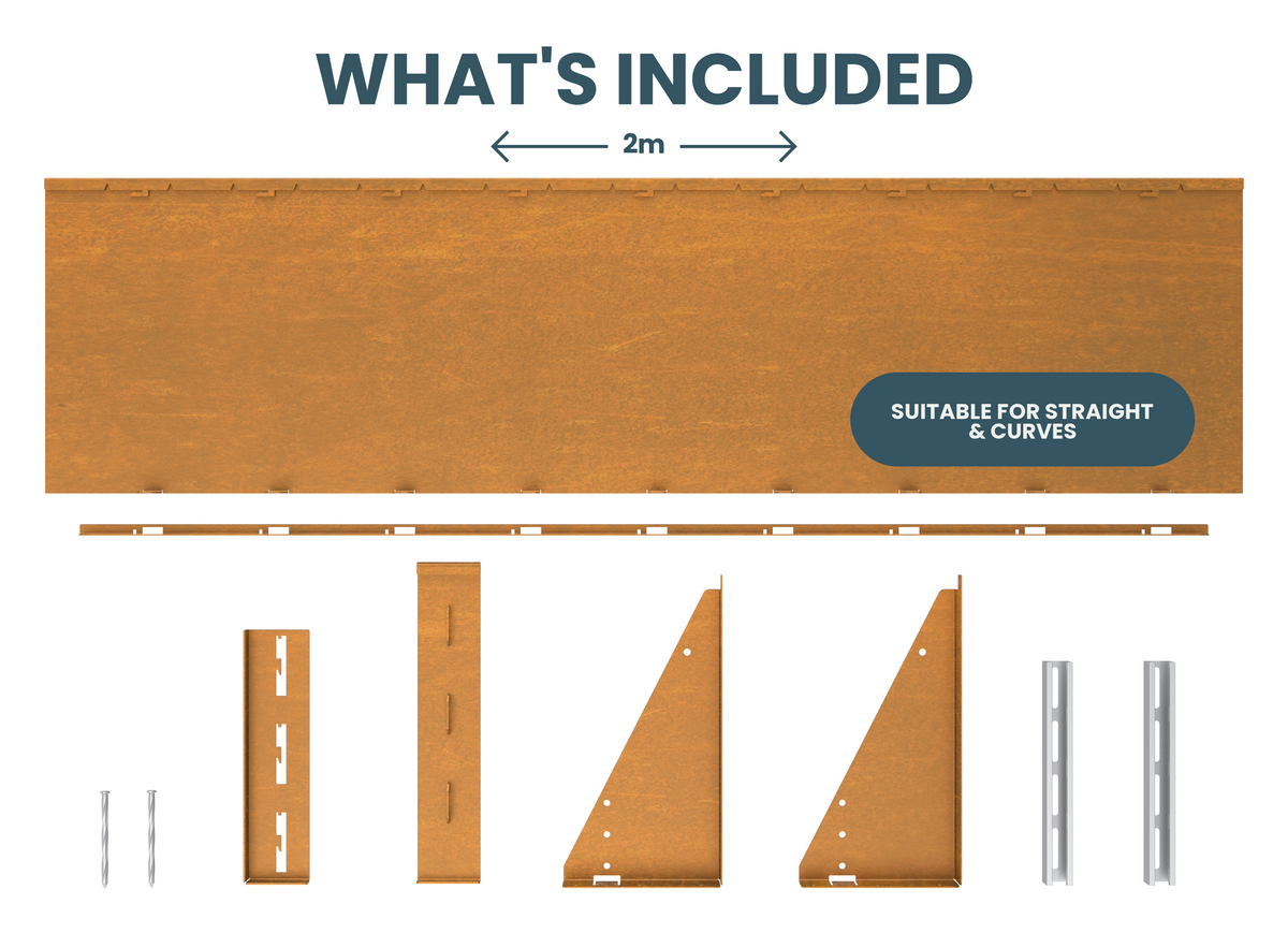 What's Included in a Contour planter Kit - garden edging online. Showing components in a kit for contour, panel, rib, triangles, lock key & Connector. High Corten Steel Garden Edging, creating boundary between soil, planting and gravel path. Lawn edge, garden border, flower beds, driveway raised edging. Metal, weathering steel, or powder coated steel.  Garden walkway, path and paving. Planter edge and retaining wall. Patio edge and garden walls.